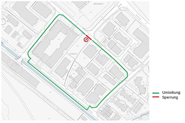 Karte des Industriegebiets in Fehraltorf: Man sieht eine sehr kurze rote Linie, wo Grabarbeiten geplant sind, und eine mehrere 100 Meter lange grüne Linie als Umleitung.